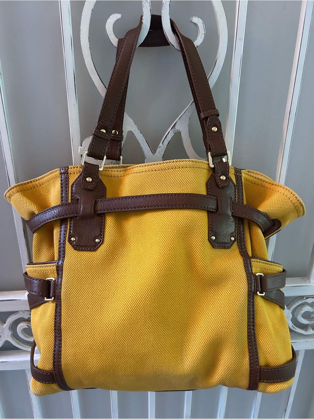 Michael Kors Yellow Canvas Tote with Brown Leather Accents - Picture 4 of 12